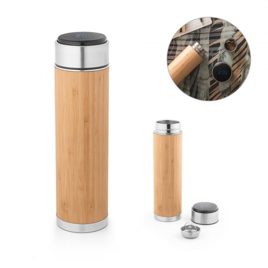 Squeeze térmico 430 mL em aço inox reciclado e bambu com termómetro digital Personalizada